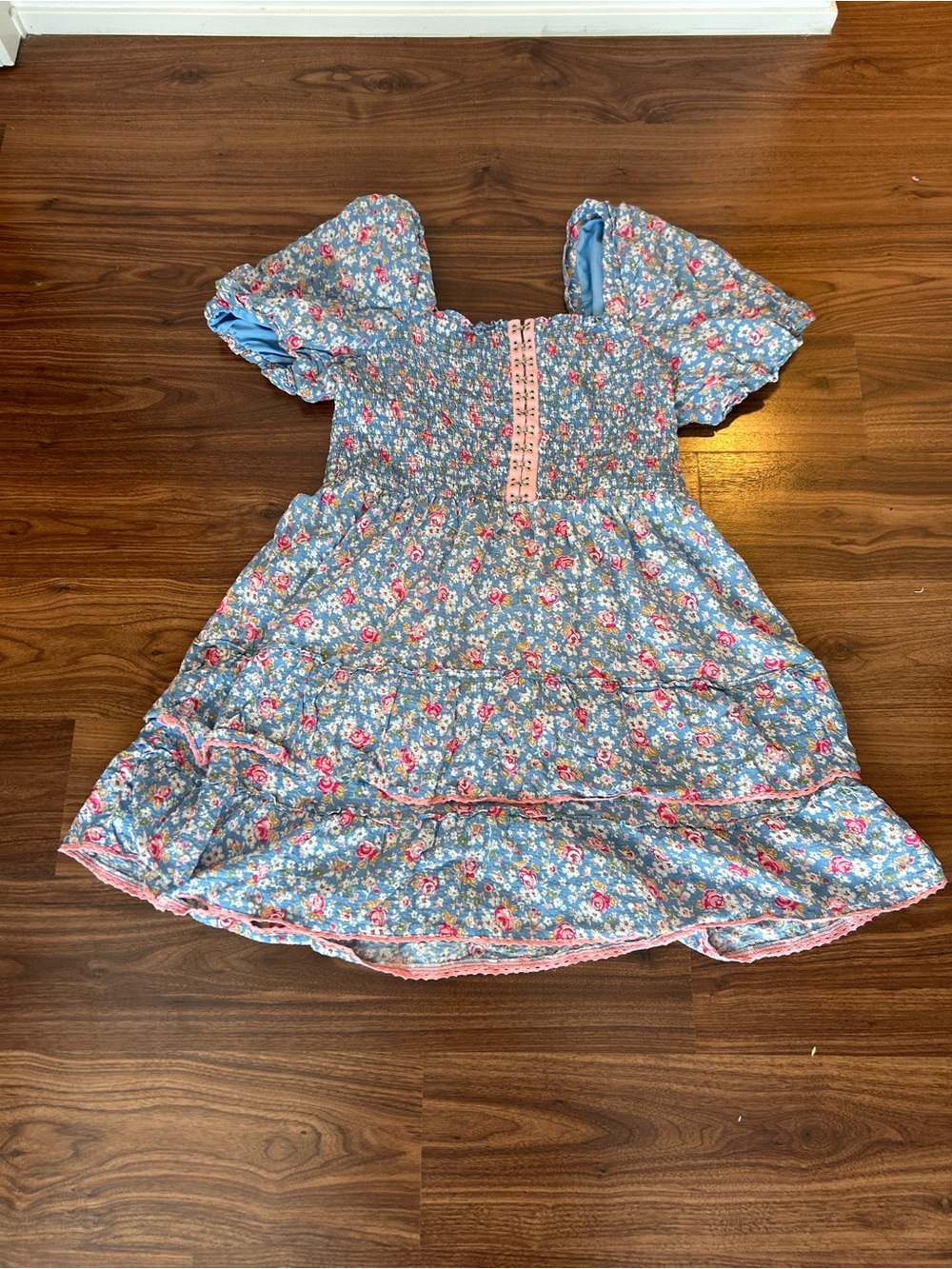 Betsy Johnson | Blue and Pink Floral Puff-Sleeve Smocked Dress